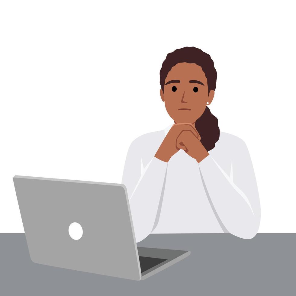 Woman sit and thinking in front of a laptop with her hands on her chin vector