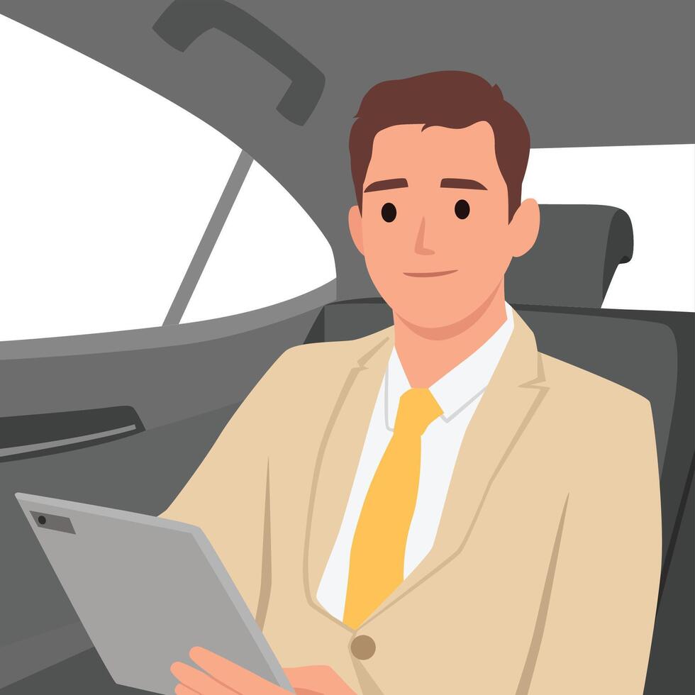 Young business man car passenger sitting on back seat holding a tablet smartphone working on the way. vector