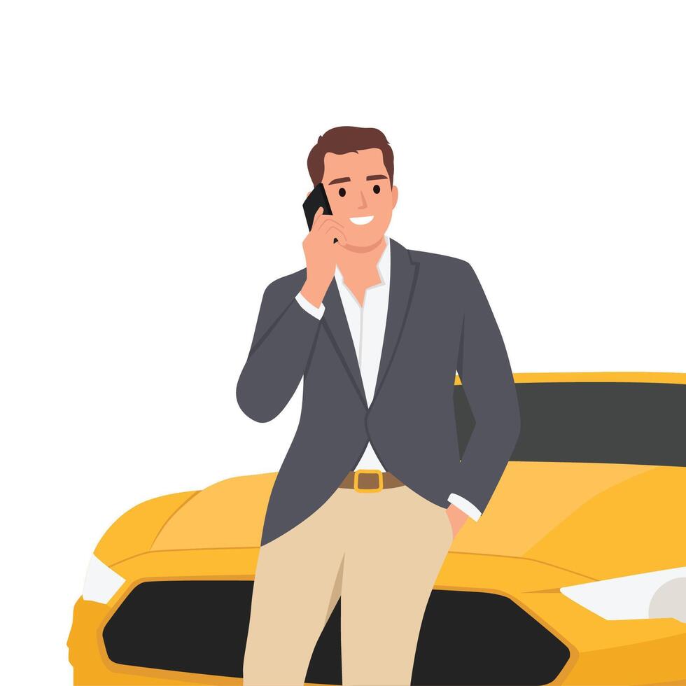 Happy man dressed in a suit next to the car. The seller or the owner of a new machine. Sit or Lay on the sports car while calling or holding a phone. vector