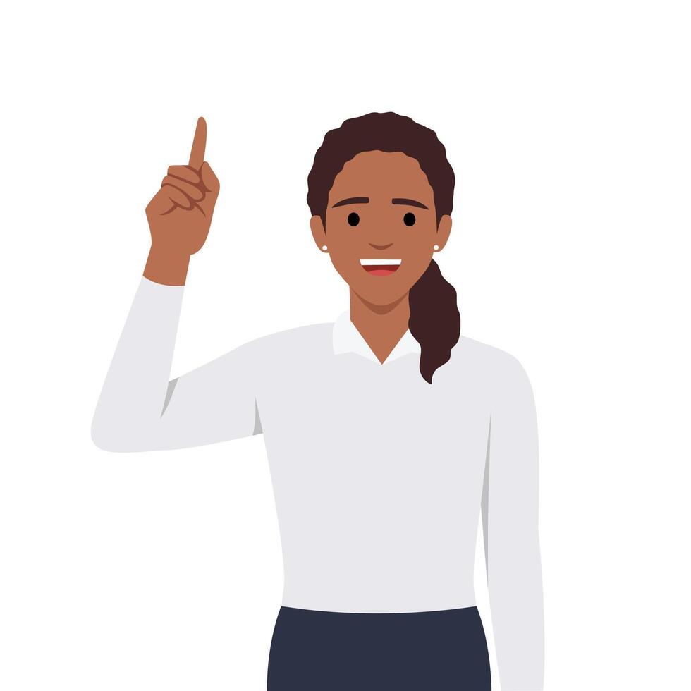 Young trendy woman pointing finger up. Happy stylish girl showing index finger. Female character illustration design. New idea, innovation, solution. Modern lifestyle vector