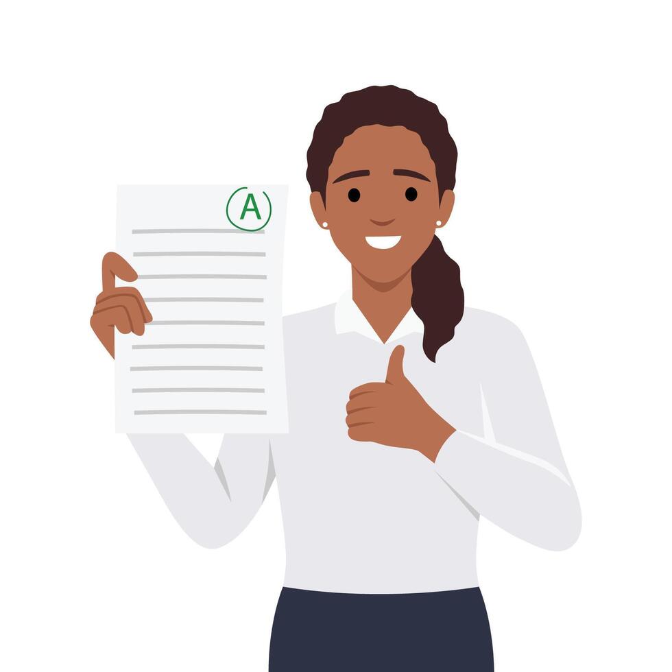 Perfect education marks success concept. Smiling happy girl cartoon character standing holding document test in school or university with perfect excellent mark vector