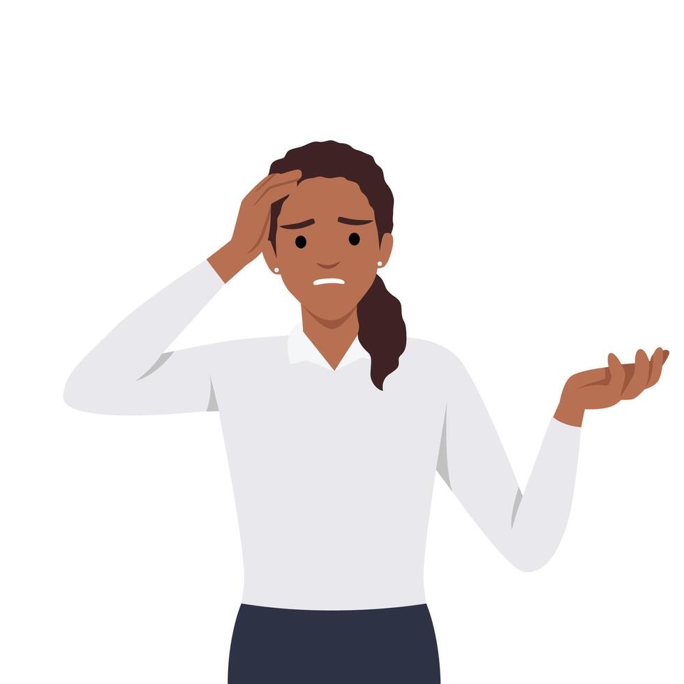 Forgetful woman holding hand to her head in flat design. Forgetfulness. Young female has memories problem. vector