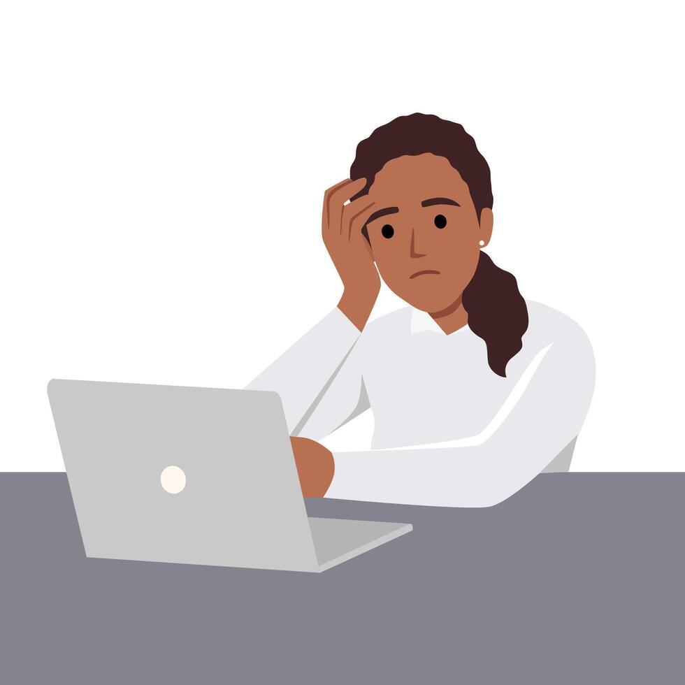 Tired office worker.Professional burnout syndrome.Sad, unhappy woman at workplace with paper document piles vector illustration. Deadline concept