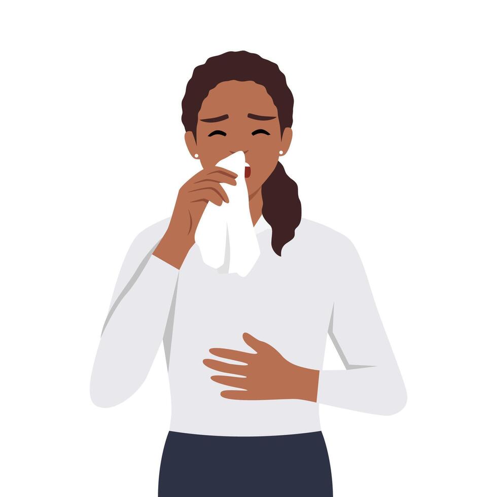 Vector flat young sick girl suffering from rhinitis, holding napkins, facial tissues, blowing her nose, sneezing