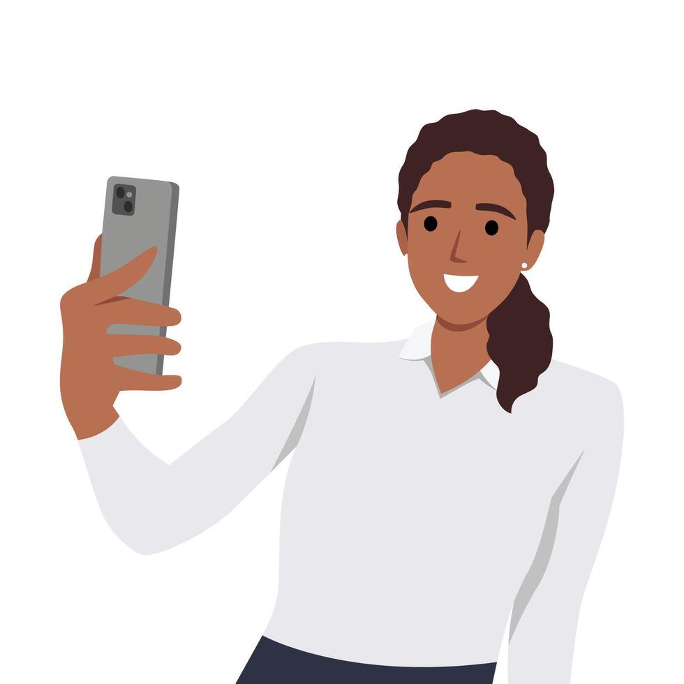 contento joven mujer en pie sonrisa, participación móvil teléfono su tomando selfie vector