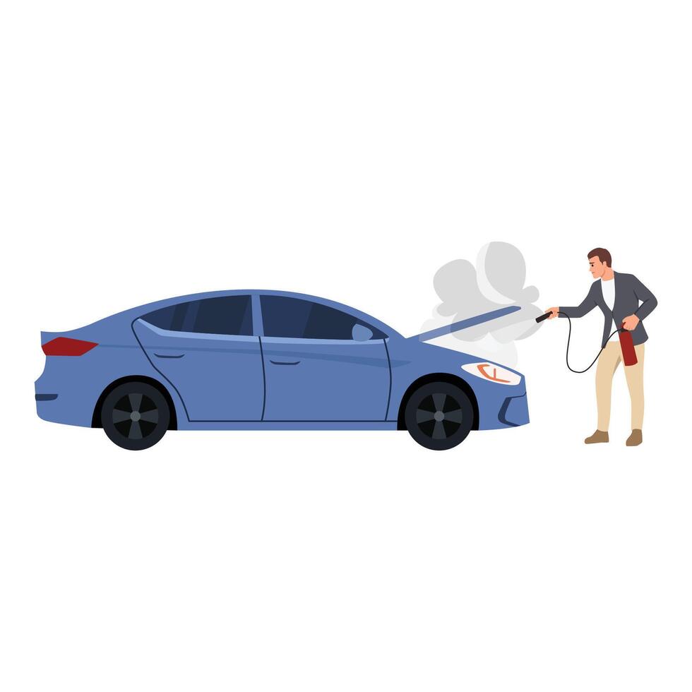 A driver with a fire extinguisher trying to put out the fire in a car engine. vector