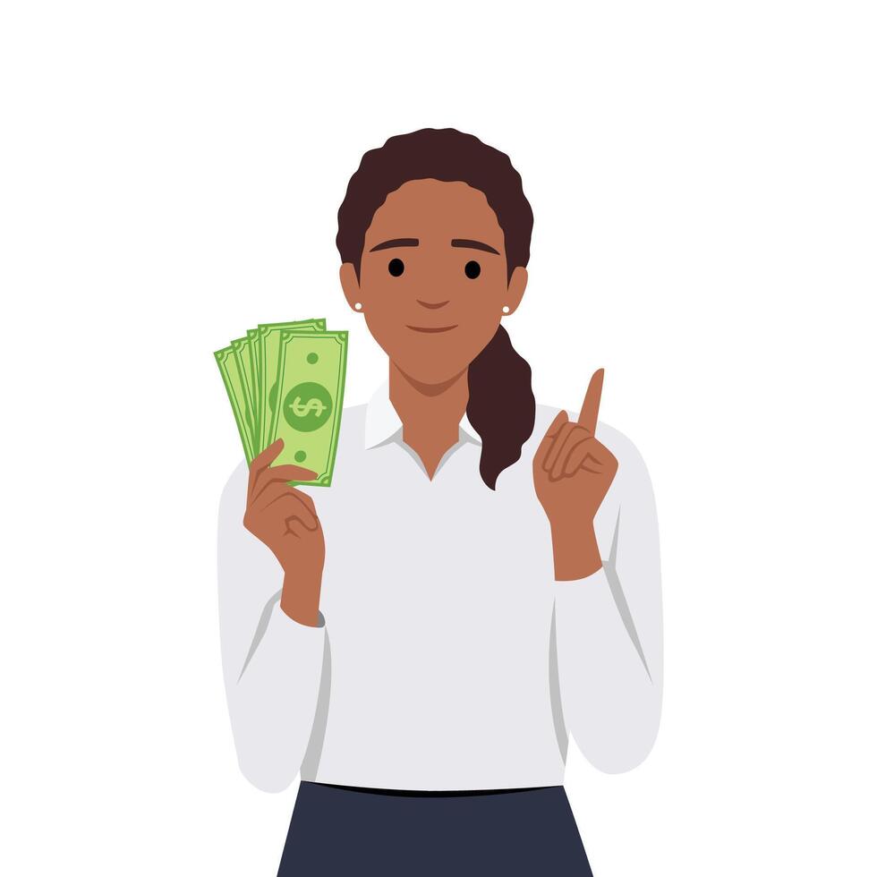 Young woman holding cash or money in hands. Cheerful young woman holding currency notes. vector