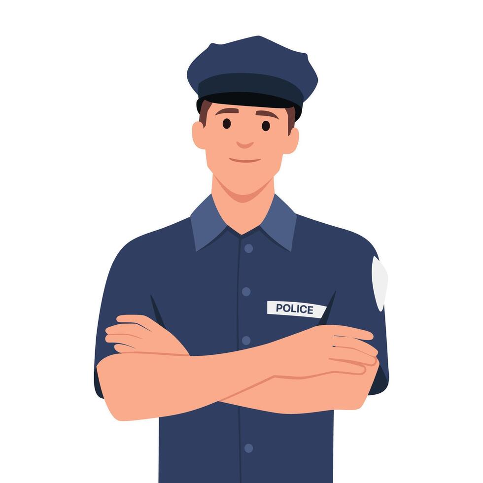 Police officer. Man in form of policing. Police man in bodybuilder shirt. Strong guardian of law in CAP and with police baton. vector