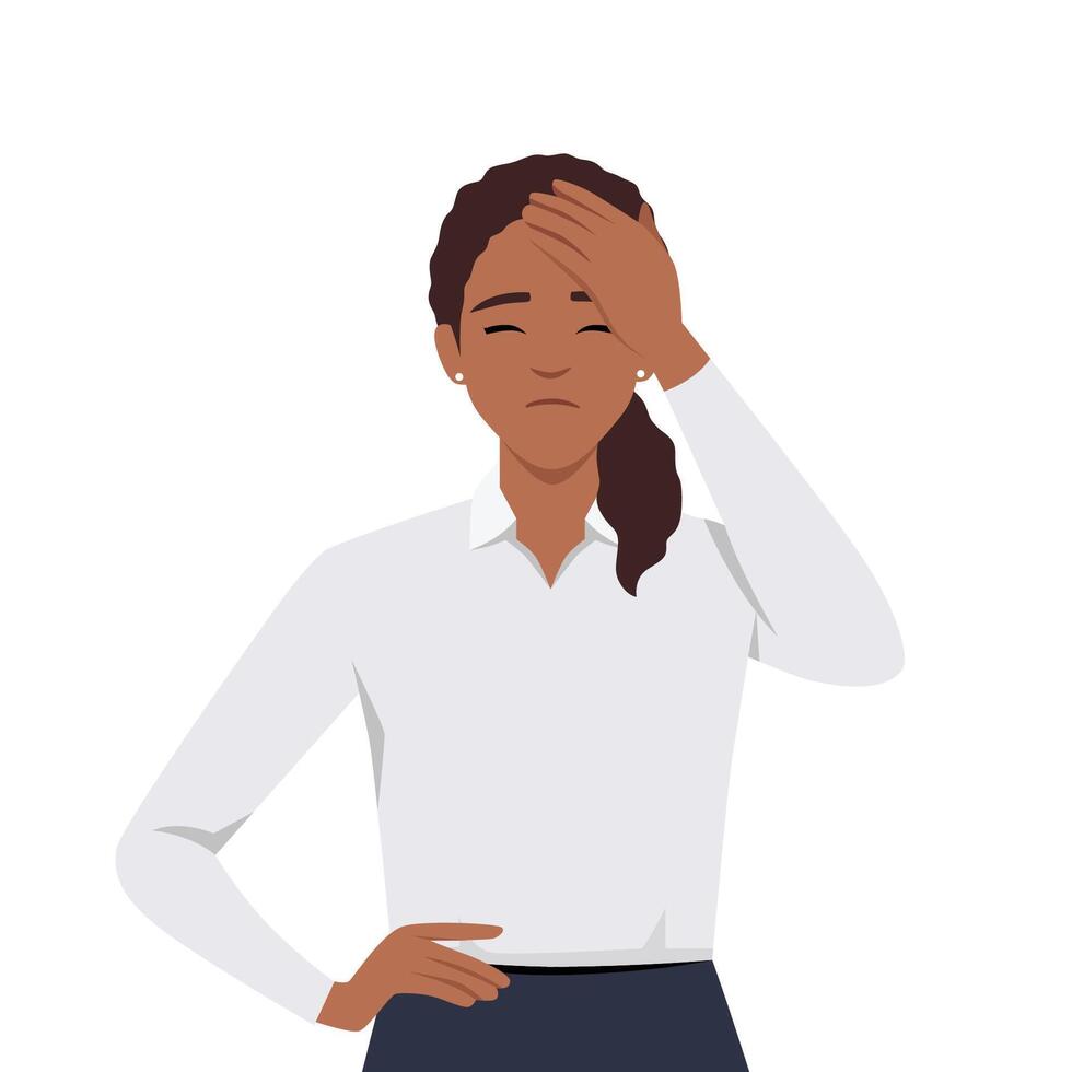 retrato de negro mujer conmovedor su cabeza sufrimiento un doloroso dolor de cabeza vector