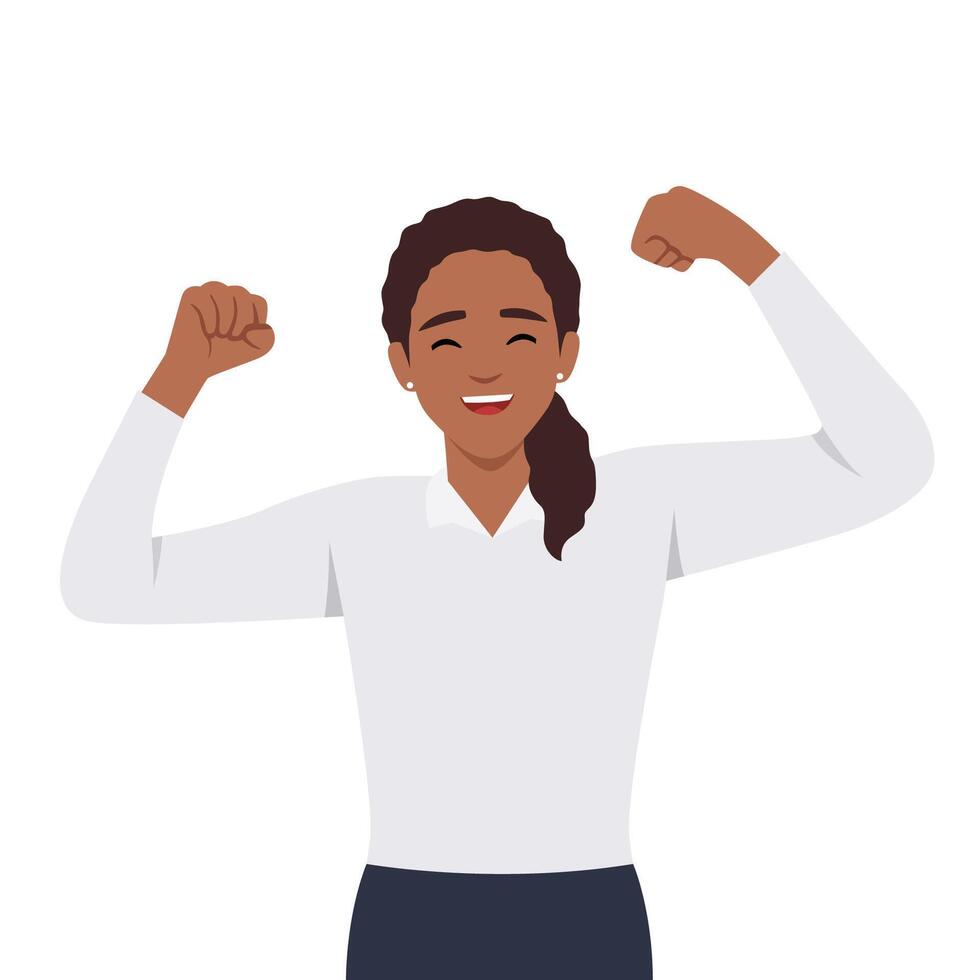 victorioso gesto de contento confidente mujer expresando positivo emoción. exitoso sonriente hembra personaje demostración fuerza con puños arriba. vector