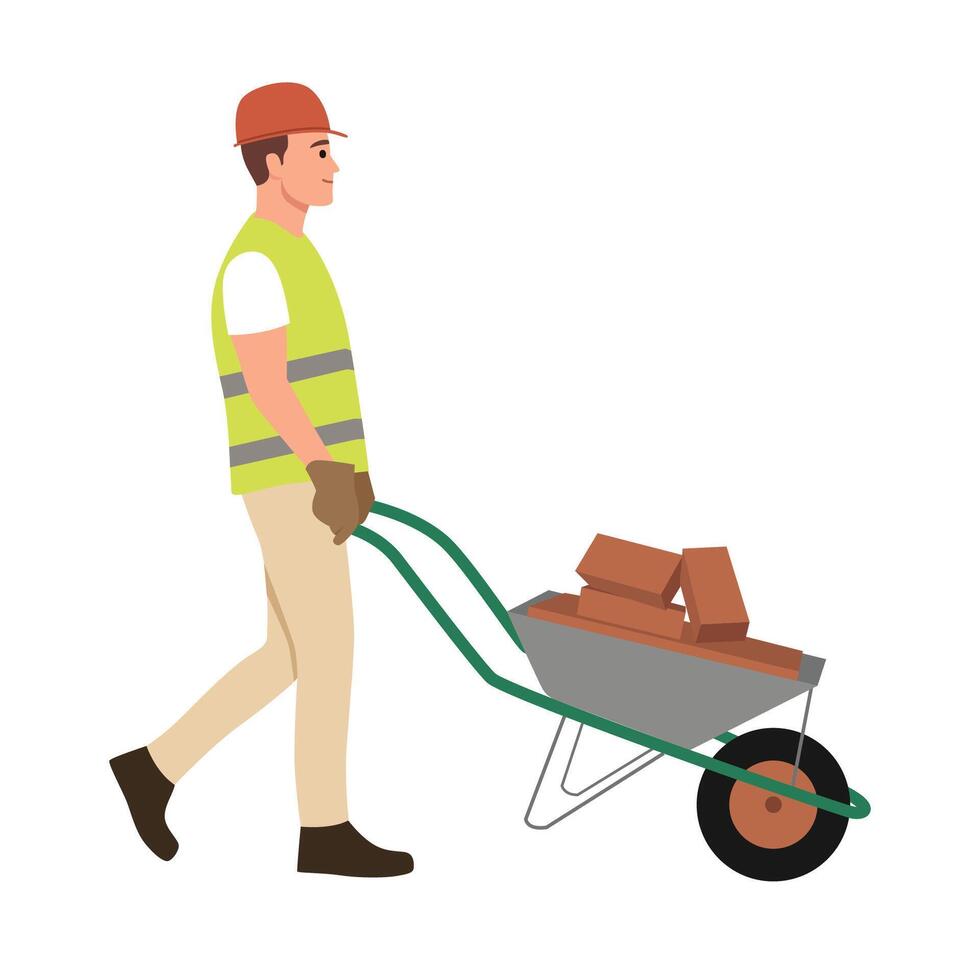 Construction worker with wheelbarrow. Man carrying loader with goods at warehouse. Transportation carrying on cart. vector