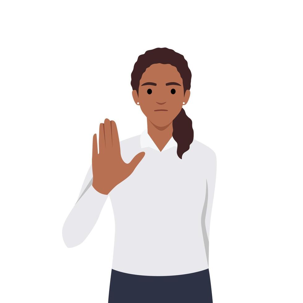 oman ignoring smb by gesturing stop with hand, showing rejection sign. Person with dissatisfied facial expression. Mute communication vector