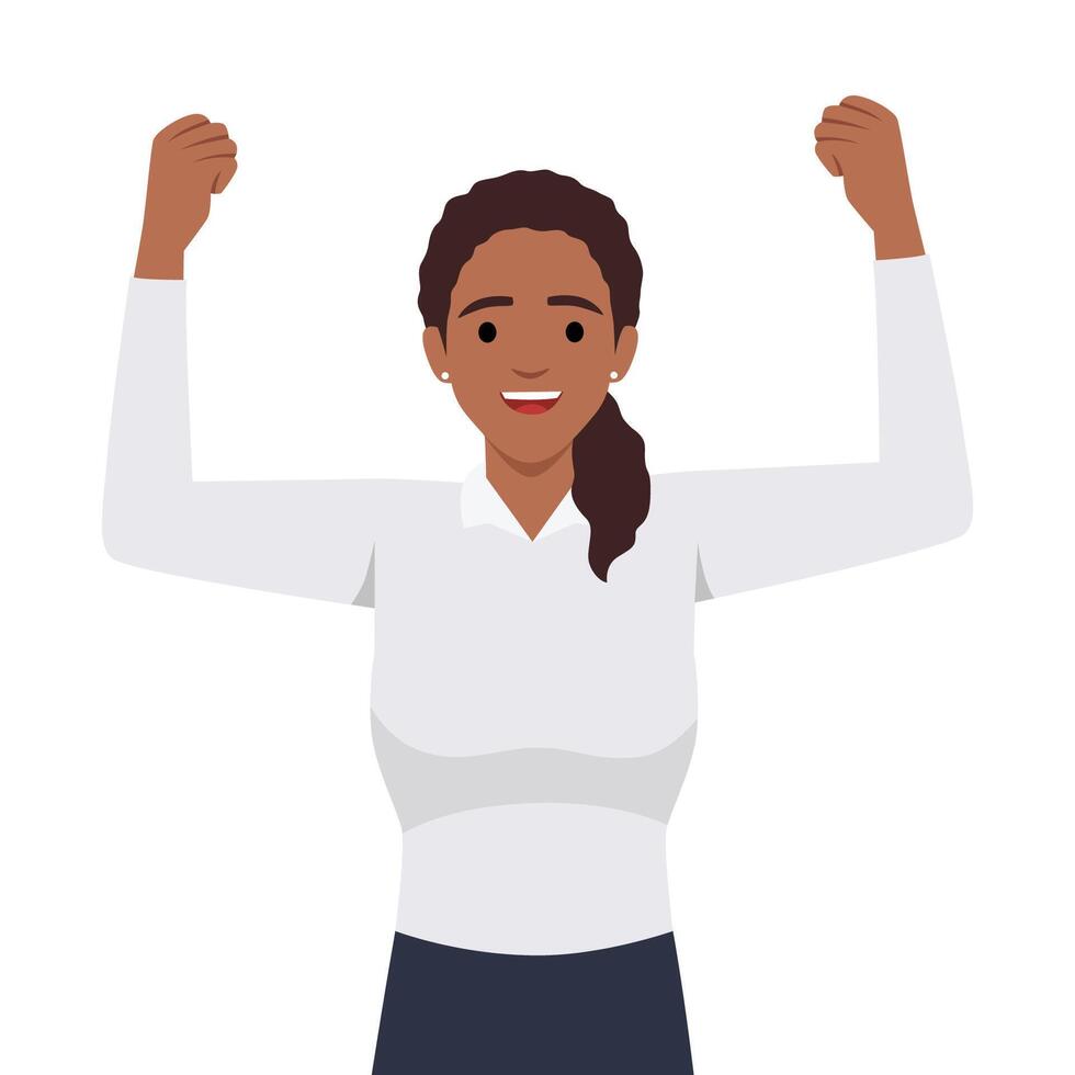 Winning gesture of happy confident woman expressing positive emotion. Successful smiling female character showing strength with fists up vector