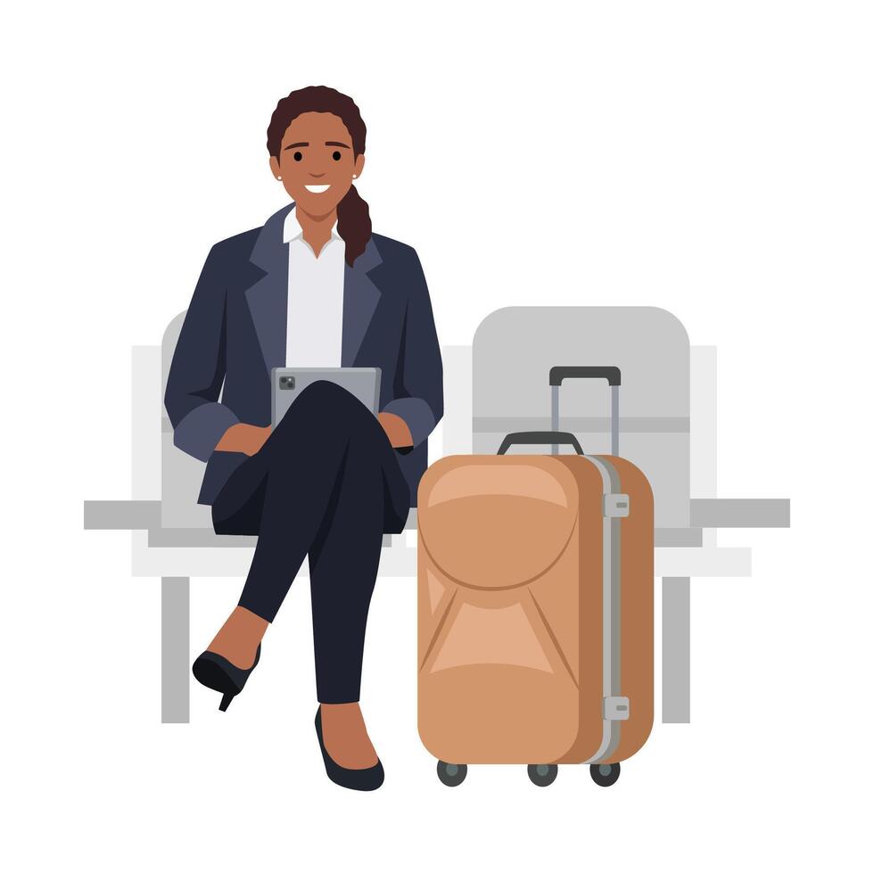 Cute young woan sitting in an airport lounge, and working on a tablet or gadget or laptop vector