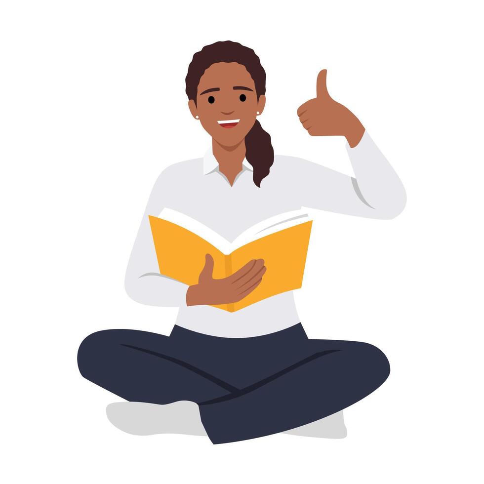 Education process and positive emotions concept. Smiling girl student sitting on floor reading book showing thumbs up sign with fingers vector