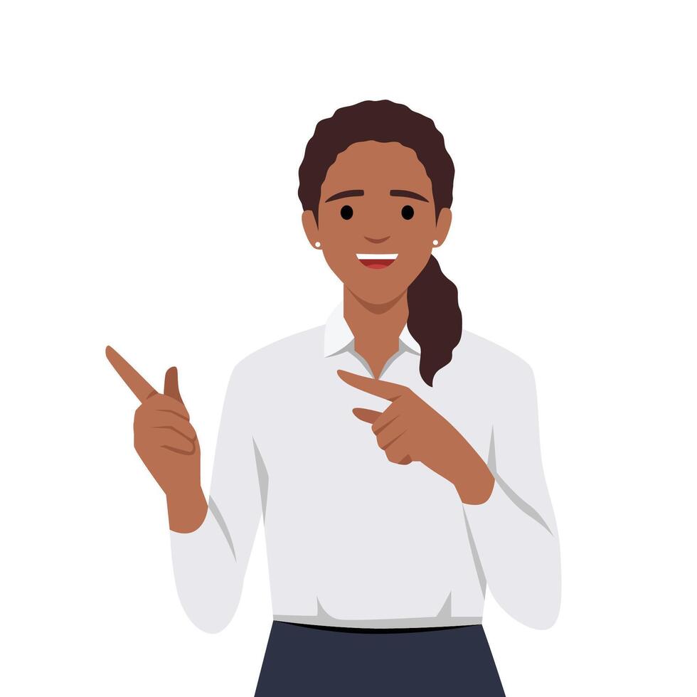 Joyful woman pointing finger at copy space. vector