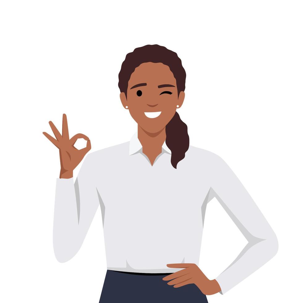 Happy beautiful young woman giving well done ok sign with winking eye and positive feedback approval standing with hand on the waist looking confident vector