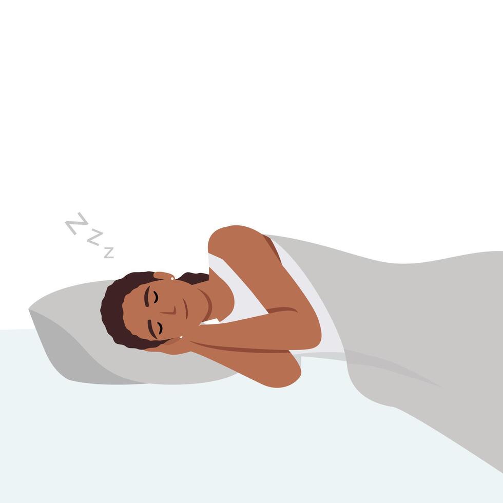 dormir, descansar, sueño concepto. joven sereno cansado calma sonriente mujer o niña dibujos animados personaje dormido acostado en cama a habitación hogar y tomando siesta. descansando hora y cómodo vector