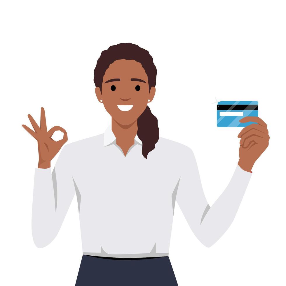 Financial stability and credit card concept. Young smiling asian woman holding golden credit card in raised hand showing ok sign gesture vector