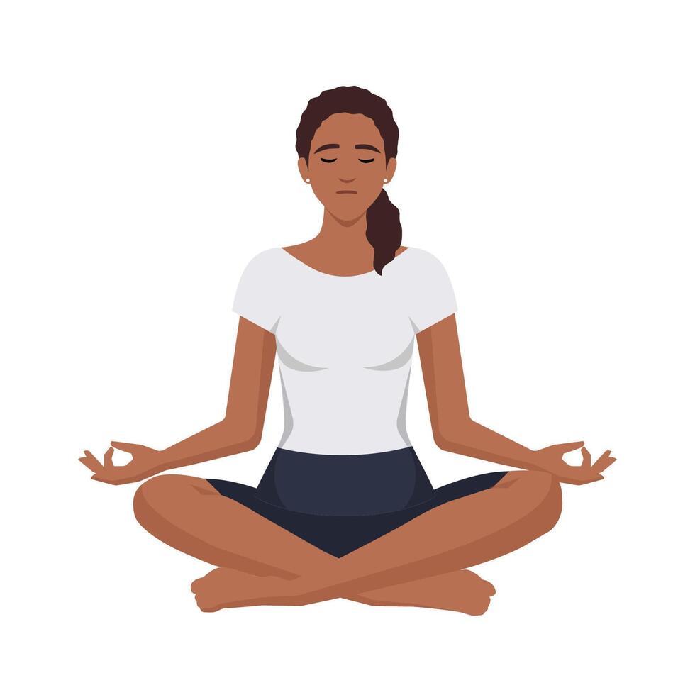 Happy woman with closed eyes sitting in lotus position practicing yoga vector flat illustration. Smiling female with crossed legs meditating on mat isolated on white.