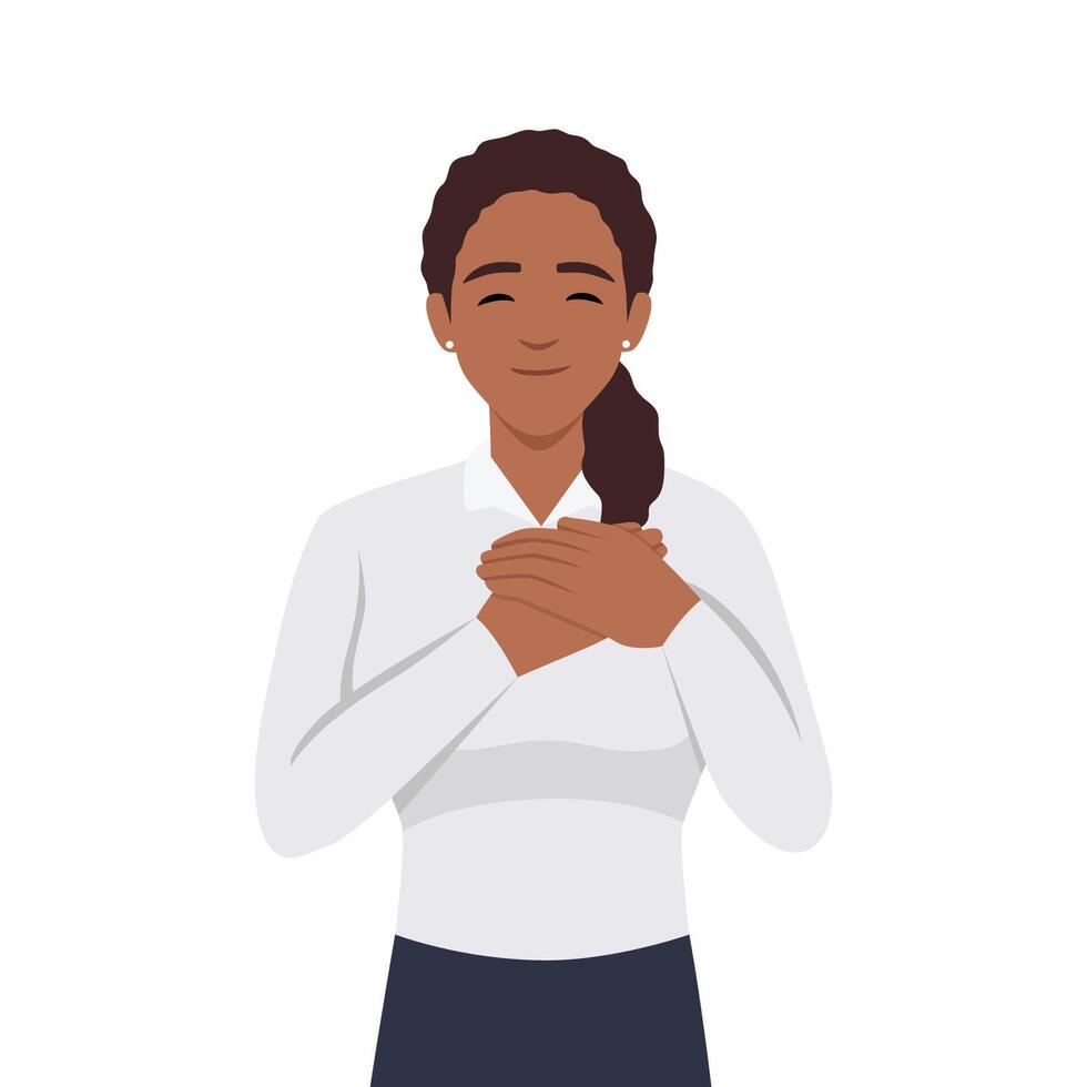 Happy calm young woman hold keep hands at chest feel grateful and thankful at heart. Smiling girl show love, compassion and care. Superstition and faith vector