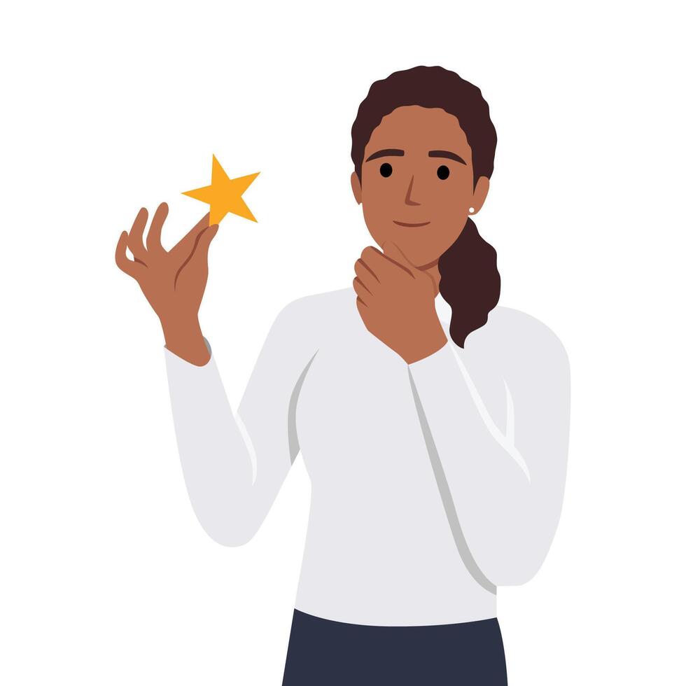 Satisfaction level. Young woman holding star. Customer review rating and client feedback concept. Smiling cute brunette girl vector