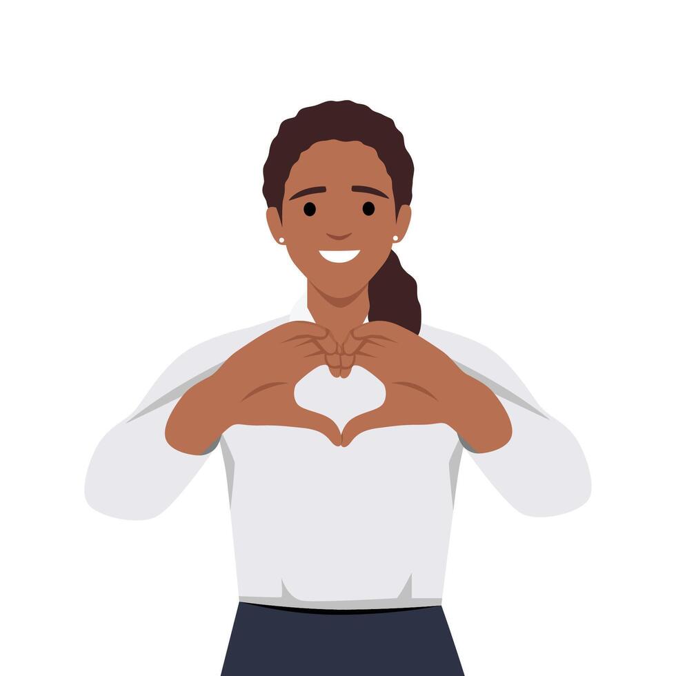 mujer haciendo corazón forma con manos y sonrisa vector