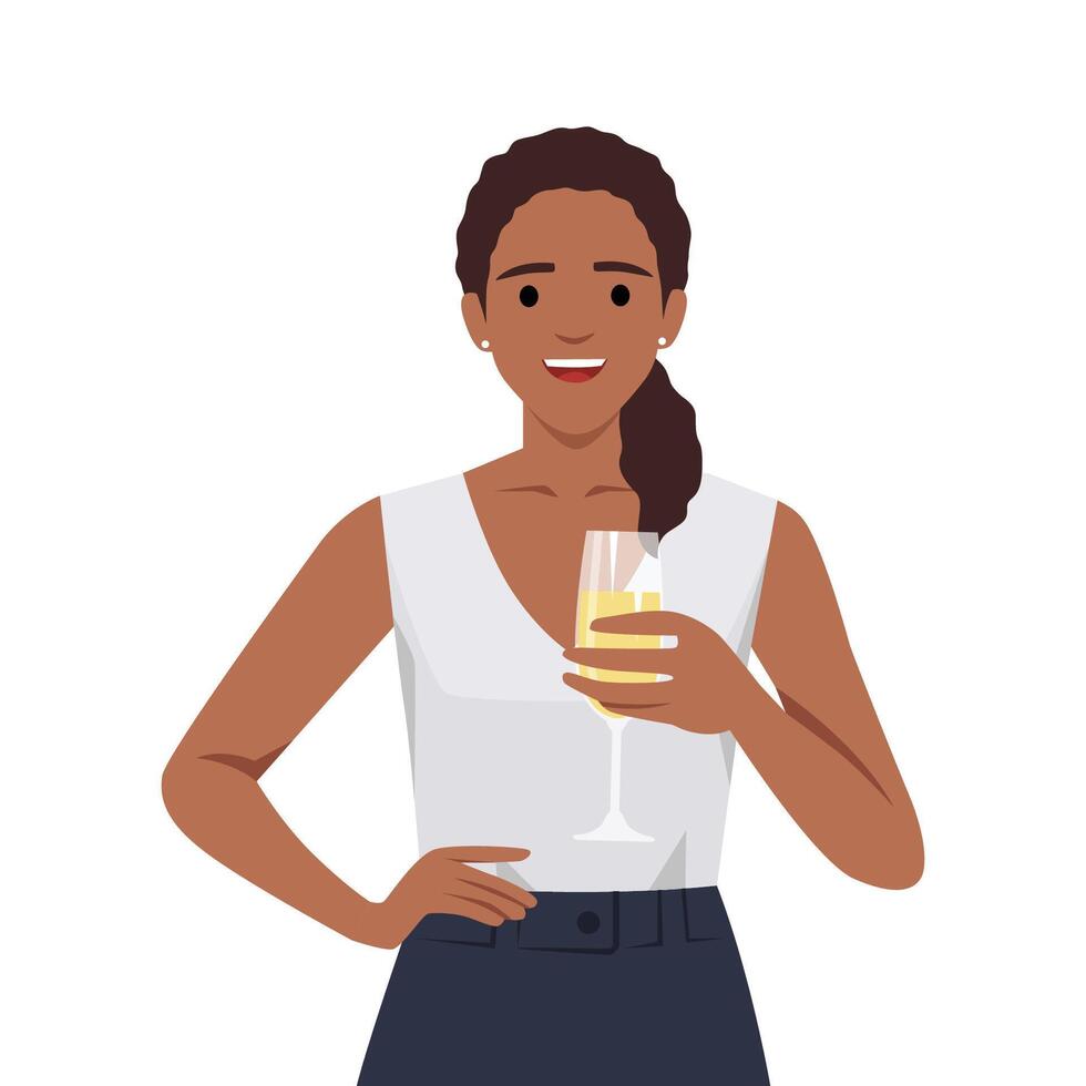 Beautiful girl in evening gown holding glass of champagne in a party vector