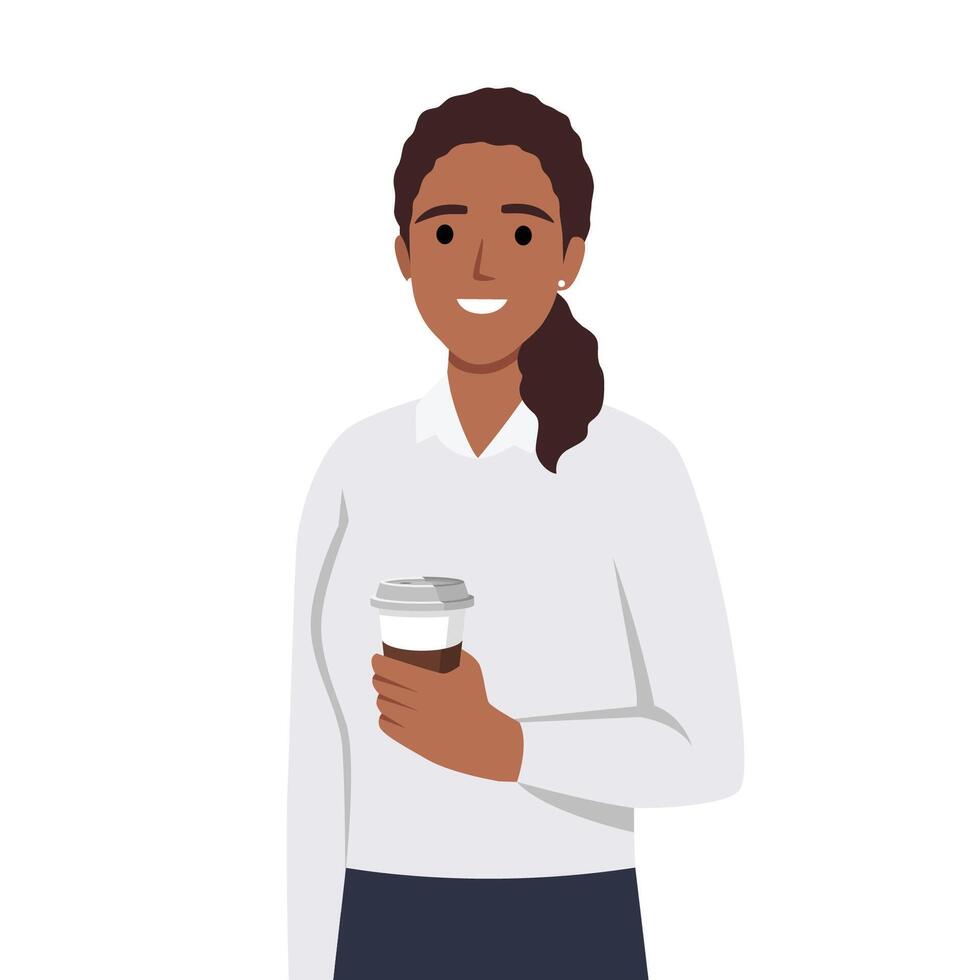 Business woman holding cup of cofee. Beautiful businesswoman in formal clothes standing straight. Cute cartoon character vector