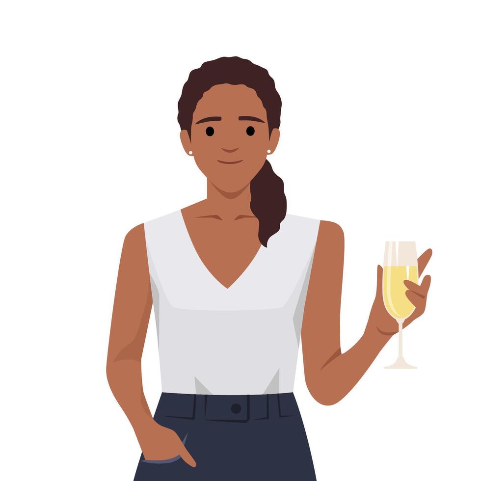 Beautiful girl in evening gown holding glass of champagne in a party vector