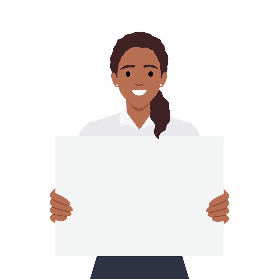 Young beautiful woman smiling and holding a blank or empty sheet of white paper or board. Woman showing a empty poster. Human emotion vector