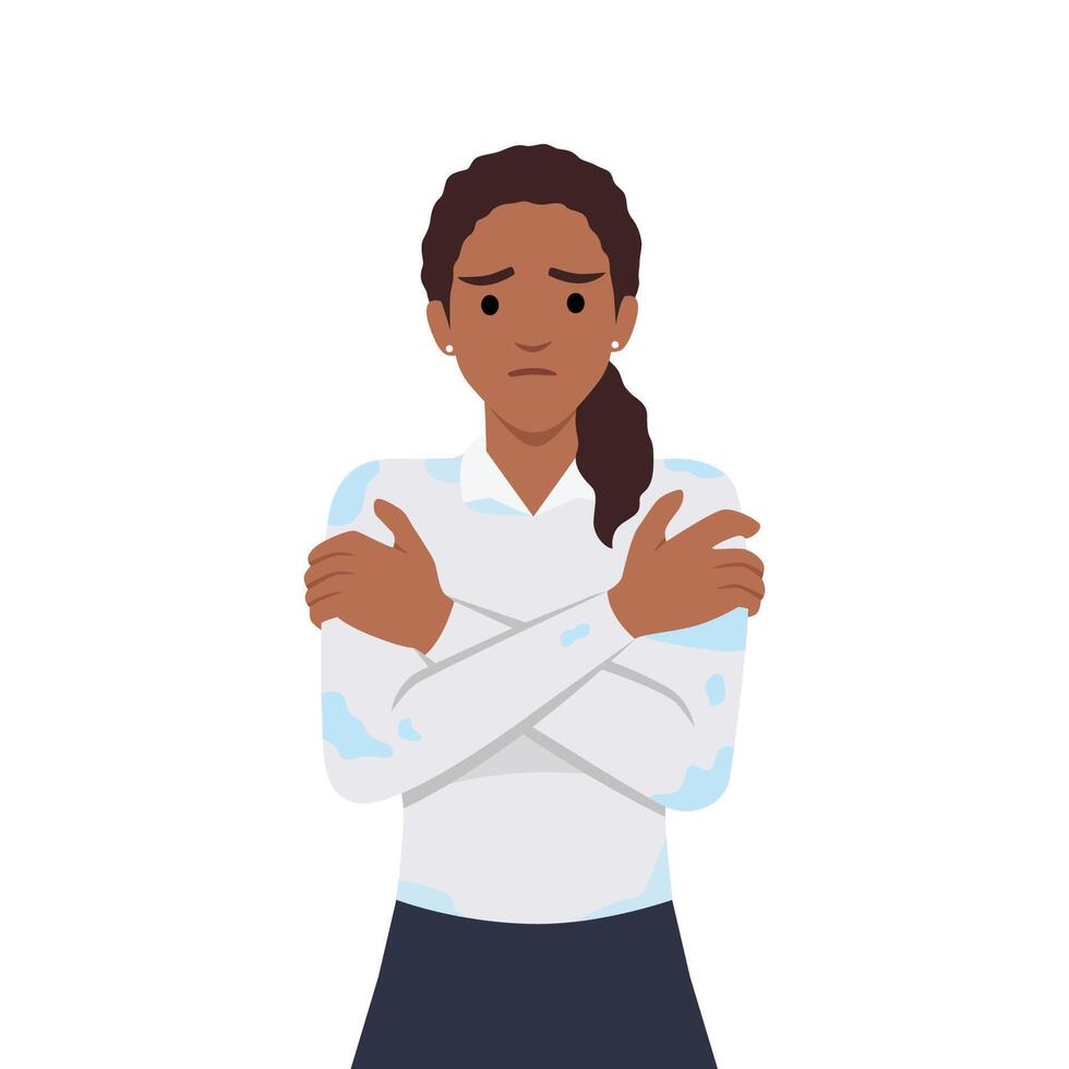 Young woman trembling feeling cold hugging herself with wet clothes. vector