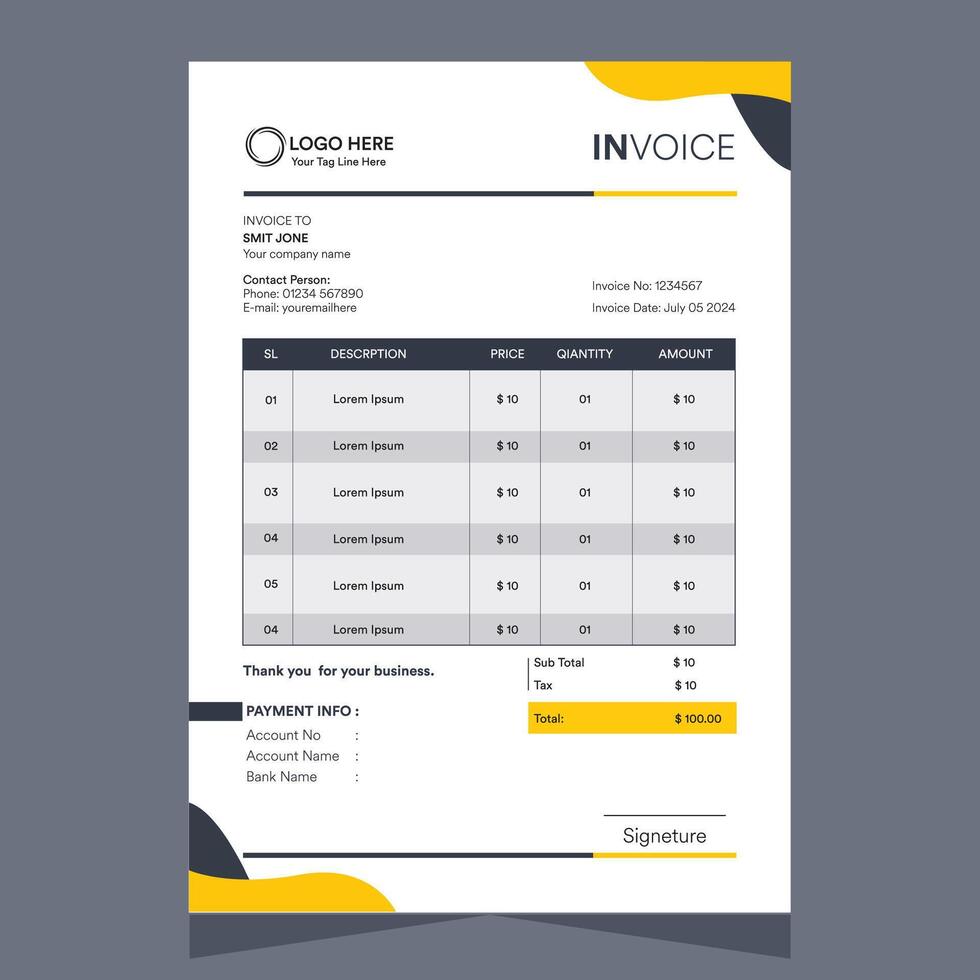 Professional Modern Abstract Corporate Business Invoice Design Template vector