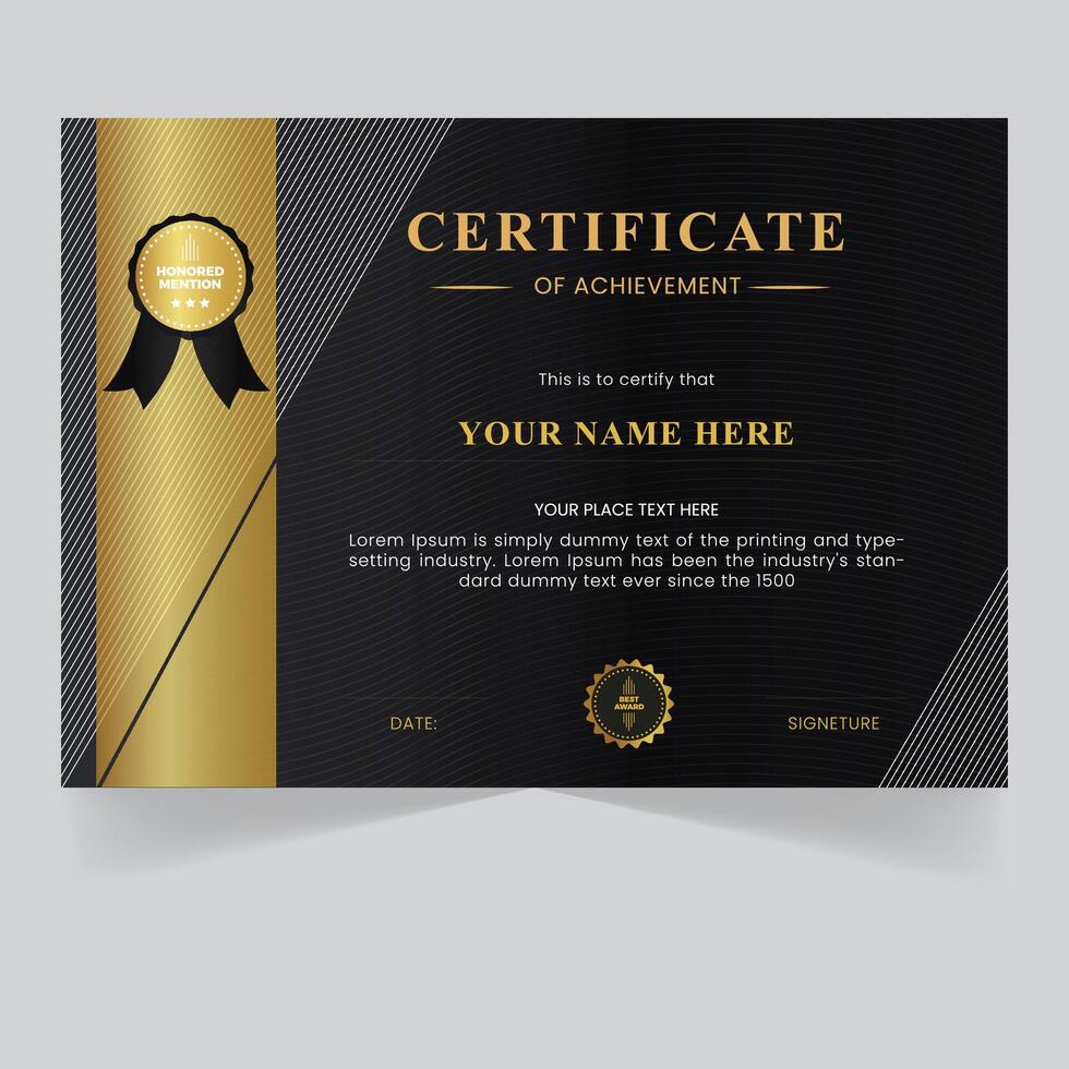 Certificate of Achievement Design Template with Black and Gold Colors vector