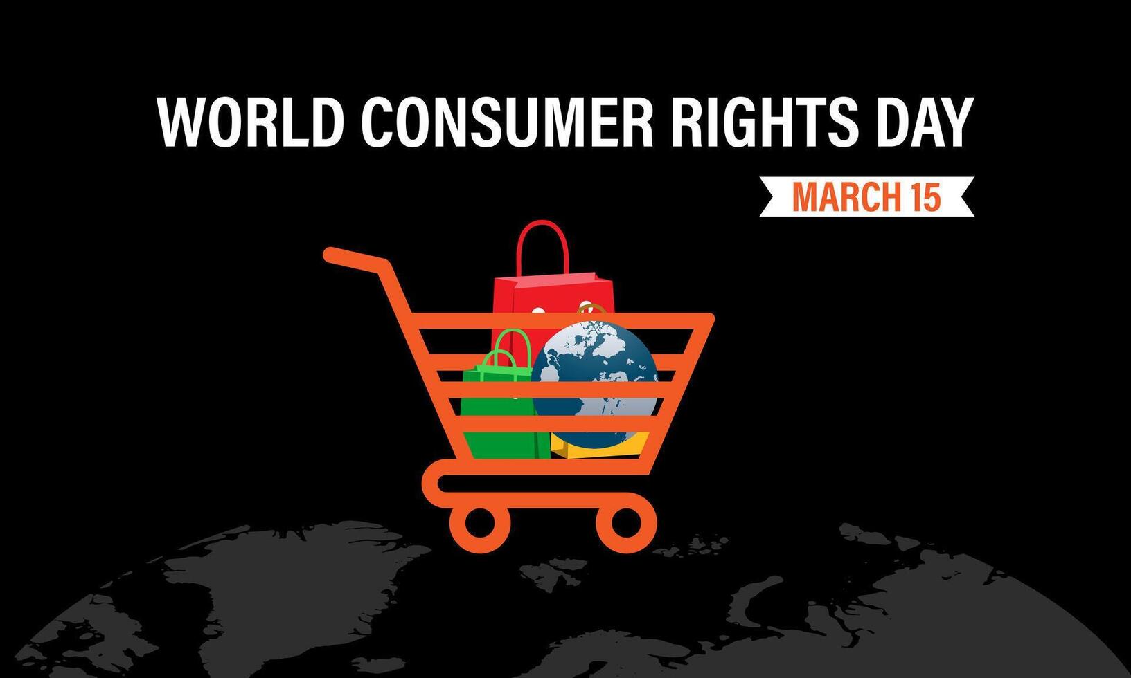 World Consumer Rights Day Poster Design. Shopping bag and Consumer hand with World map. Banner poster, flyer and background design. vector