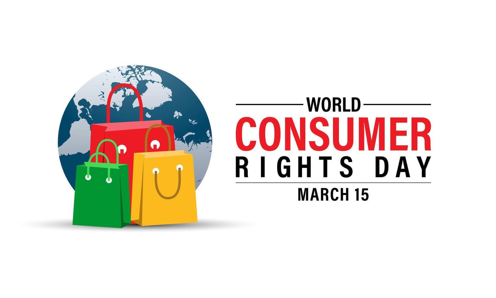 World Consumer Rights Day Poster Design. Shopping bag and Consumer hand with World map. Banner poster, flyer and background design. vector