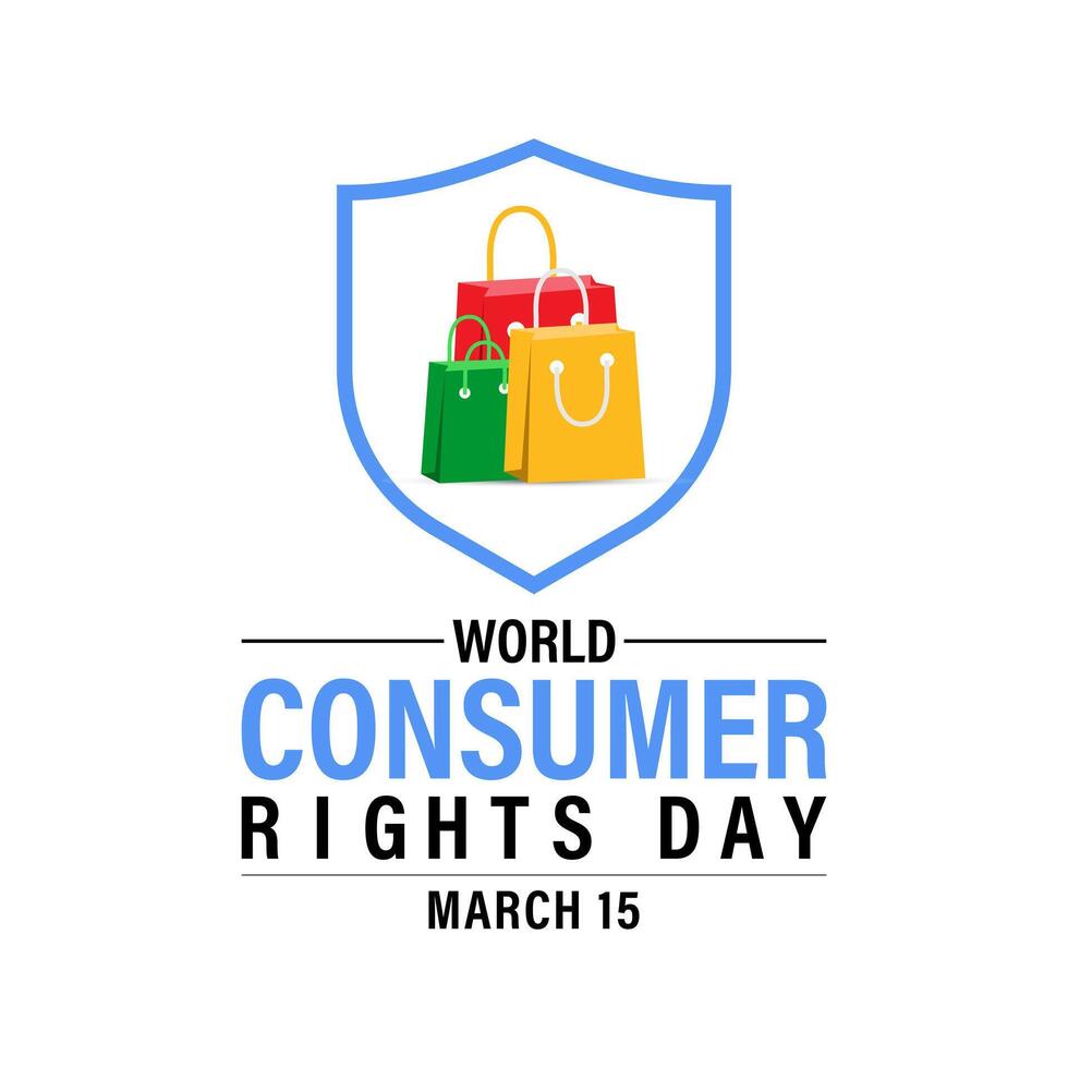 World Consumer Rights Day Poster Design. Shopping bag and Consumer hand with World map. Banner poster, flyer and background design. vector