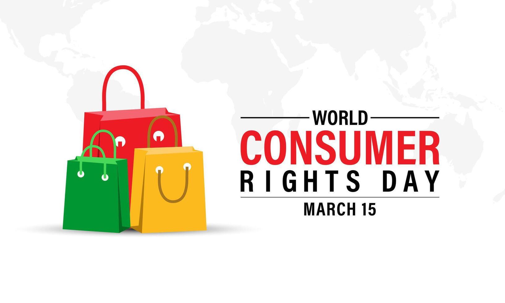 World Consumer Rights Day Poster Design. Shopping bag and Consumer hand with World map. Banner poster, flyer and background design. vector