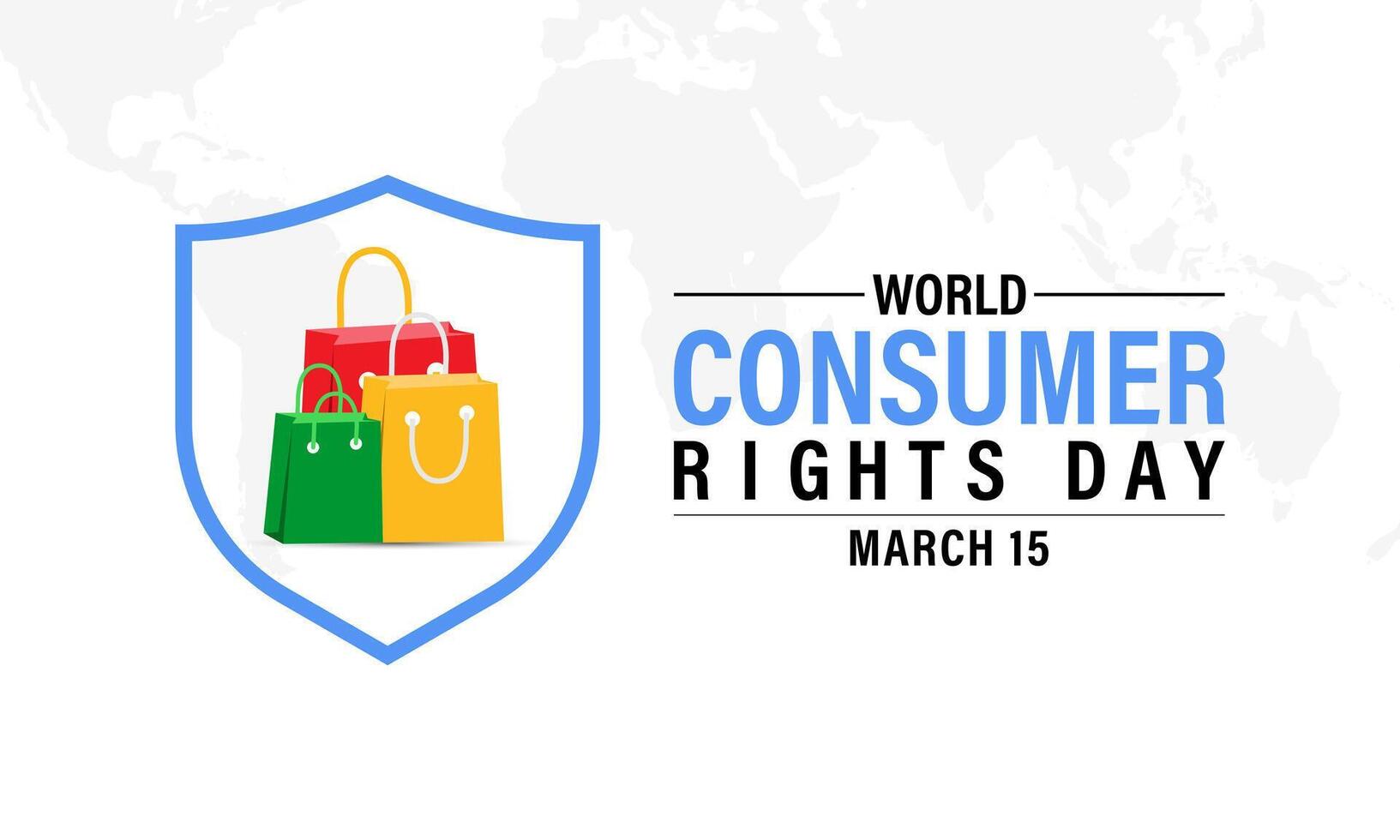 World Consumer Rights Day Poster Design. Shopping bag and Consumer hand with World map. Banner poster, flyer and background design. vector