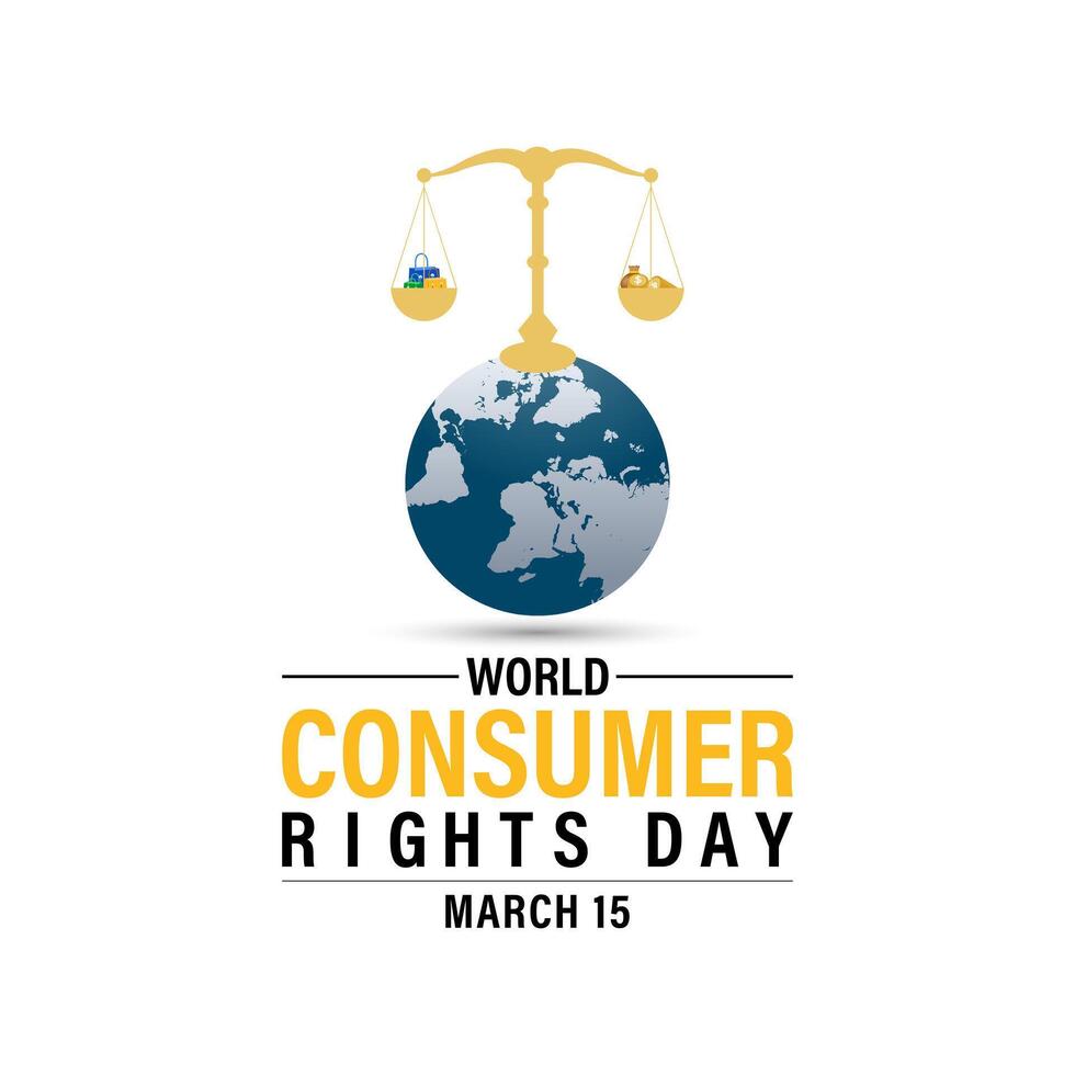 World Consumer Rights Day Poster Design. Shopping bag and Consumer hand with World map. Banner poster, flyer and background design. vector