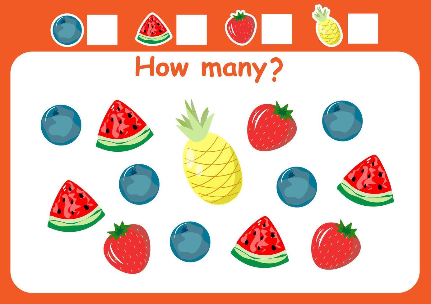 cómo muchos son allí frutas y baya. contando juego para niños. matemáticas contando hoja de cálculo para preescolares vector