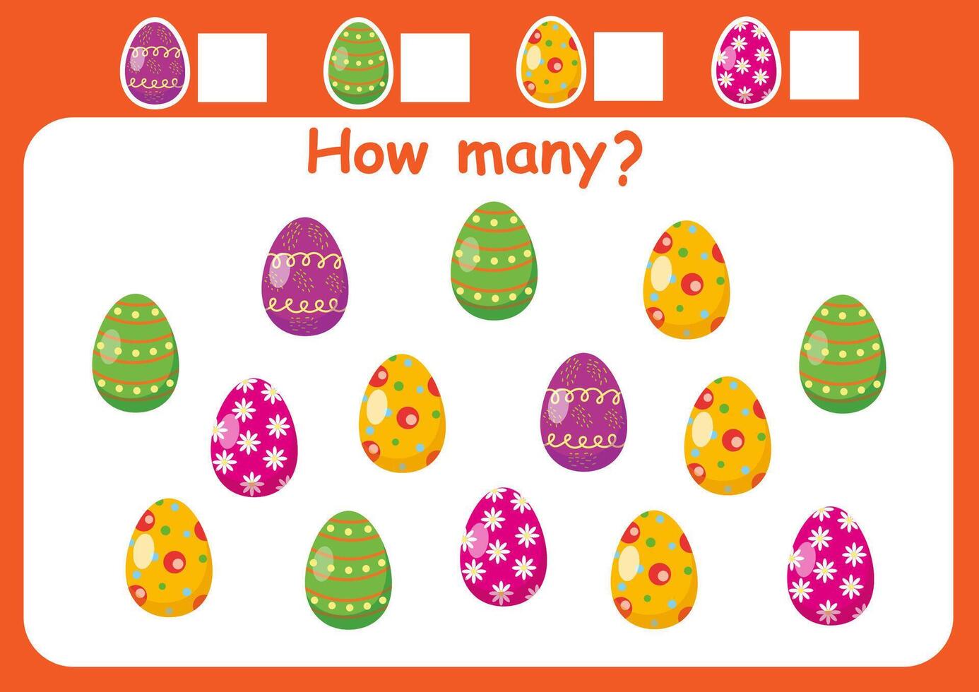 cómo muchos Pascua de Resurrección huevos son allá. contando juego para niños. matemáticas hoja de cálculo para preescolares vector