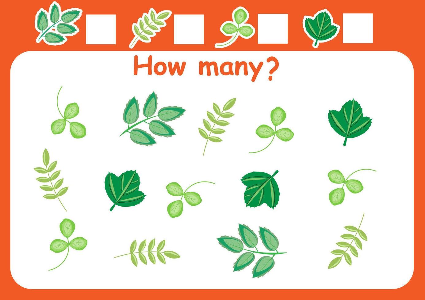 How many plant leaves are there. Counting game for children. Mathematics worksheet for preschoolers. vector