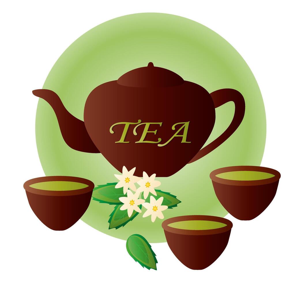 Clásico té tetera con taza. rústico tetera con taza para té, hojas composición. de colores plano vector ilustración aislado en blanco antecedentes