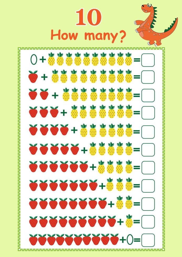 Numbers. How many are there fruits and berry. Counting game for kids. Math counting worksheet for preschoolers. vector