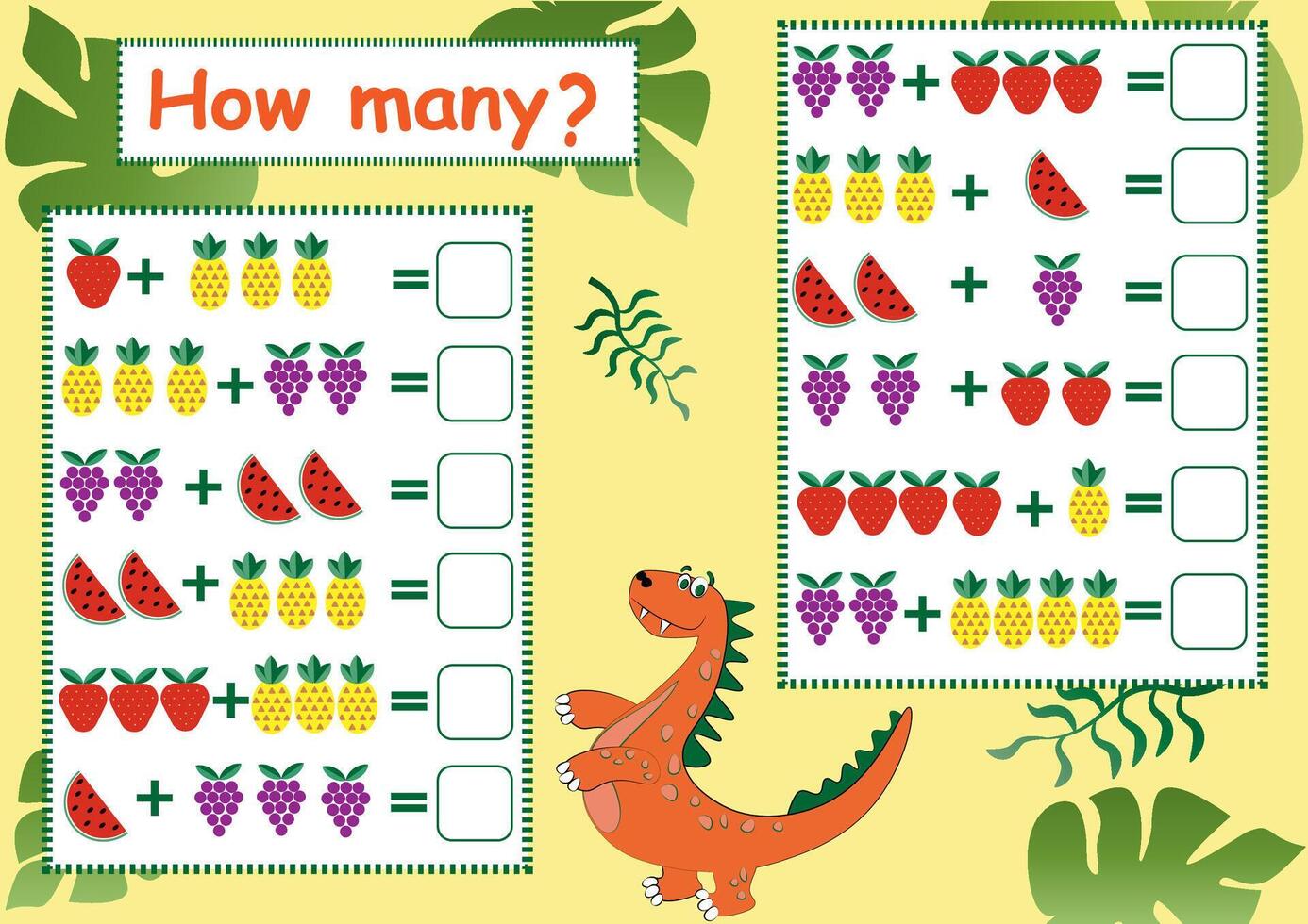 Numbers. How many are there fruits and berry. Counting game for kids. Math counting worksheet for preschoolers. vector