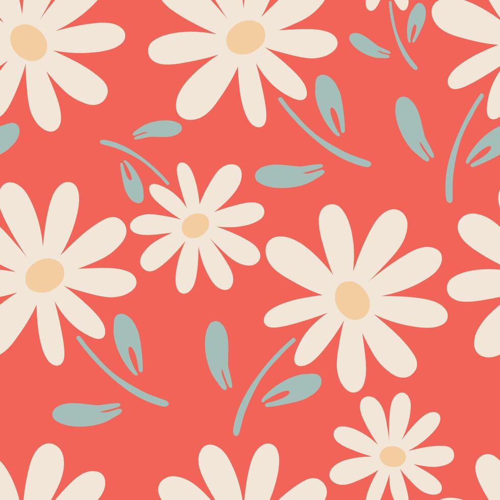 Camomile flat design groovy flowers seamless pattern vector