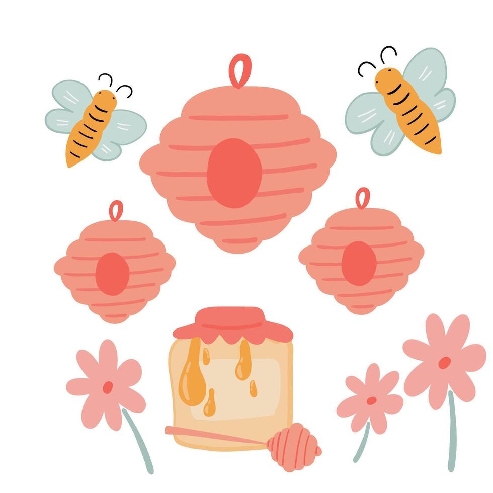 grande conjunto con abeja colmena flores frascos plano diseño vector