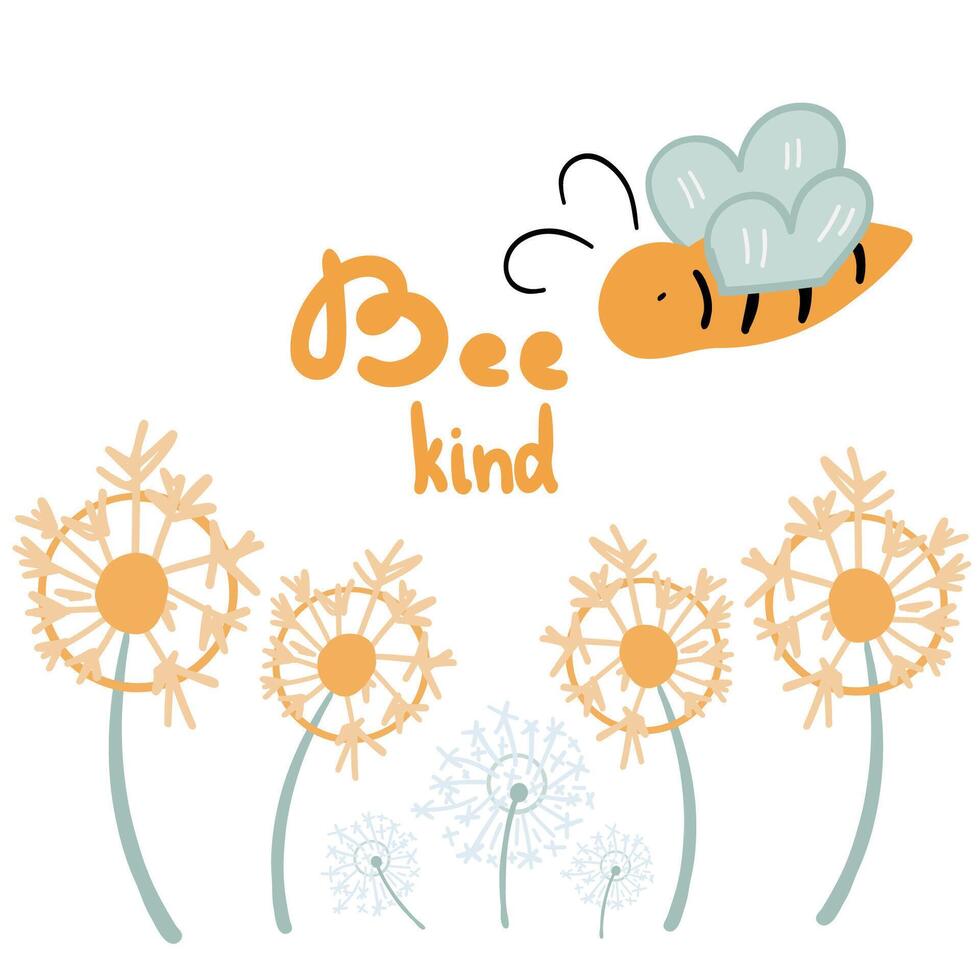 Be kind poster with bees and dandelion vector