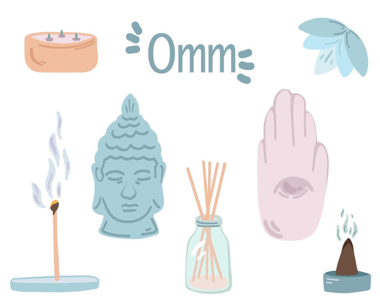 omm meditación yoga plano diseño conjunto aroma palos vector